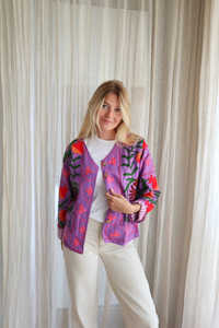 Handmade Beautiful <b>Pink</b> Cotton Knitted Embroidery Suzani Eco-Friendly Breathable Autumn Winter Women's Floral Button Bomber - Product Image 5