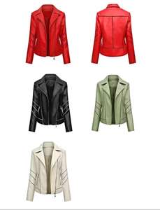 Veste de motard asymétrique en cuir rouge ou véritable pour femme avec des accents de rayures noires Veste de motard noire - Product Image 6