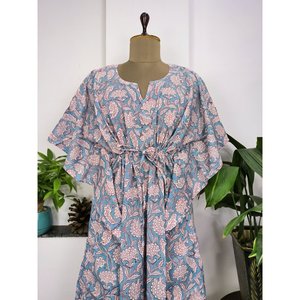 Vestido Kaftán de Algodón Puro, Estampado Floral Indio, para Playa, Cómodo, para Maternidad, Color Gris Acero, Estampado Floral de Jardín - Product Image 3