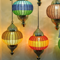 Lámpara Colgante Redonda Hecha a Mano de Metal y Vidrio, Decoración Artística, Lámpara de Noche Multicolor para Decoración Interior del Hogar