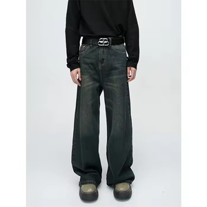 2025 dernière conception hommes taille haute en détresse Denim pantalon Logo personnalisé enduit 100% coton grande taille Baggy taille moyenne droite - Product Image 3