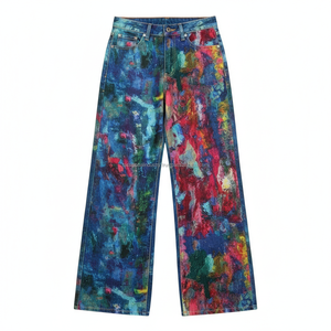 Jean en denim à jambe large avec imprimé graffiti personnalisé, pantalon baggy en coton épais de haute qualité, nouveau denim coloré effet éclaboussures tendance - Product Image 5