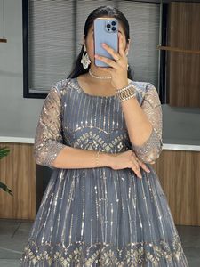 Heavy Fox Georgette bordado trabajo largo Anarkali traje para mujer boda función tradicional vestidos de fiesta con Salwar Kameez - Product Image 4