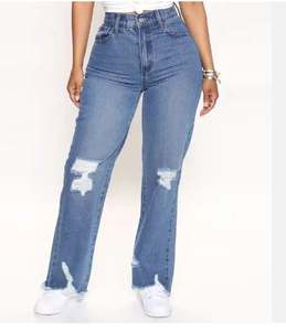 Pantalones Vaqueros de Mezclilla de Primera Calidad para Mujer, Estilo Recto, Desgastados, Lavado Medio, Ropa de Moda - Product Image 1