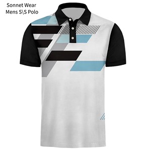 Polo à manches courtes pour homme, imprimé géométrique, séchage rapide, décontracté, tricoté en polyester, blanc et bleu - Product Image 3