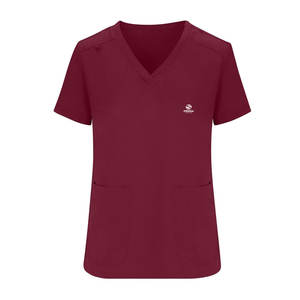 Uniforme Médico para Mujer, Manga Corta, Color Granate, Cuello Alto Simulado, Estilo Cruzado, Algodón Twill Elástico, Cuello en V, Pantalones Jogger - Product Image 5