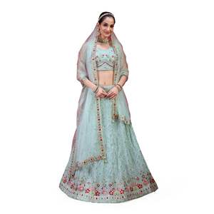 ชุดเลเฮนกาโชลีงานแต่งงานแบบกึ่งสำเร็จรูป คอวี แขนกุด ผ้าจอร์เจตต์สีเขียวอ่อนธรรมชาติ พร้อมผ้าคลุมไหล่ ระบายอากาศได้ดี จากเทรนด์มอลส์ - Product Image 1