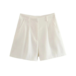 Pantalones cortos de mezcla de lino con pliegues delanteros para mujer personalizados OEM pantalones cortos femeninos con cremallera de cintura alta Vintage personalizados - Product Image 1