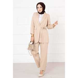 Traje de Chaqueta Beige con Lazos Laterales para Mujer de Oficina, Estilo Verano - Product Image 1