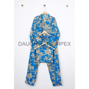 Pijama largo suave y cómodo de algodón indio 100% para dama de honor, conjunto de Pijama largo con estampado Floral Beige para vestido de dormir de verano - Product Image 5