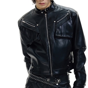 OEM Wholesale Custom Embroidery Logo Black <b>Real</b> <b>Leather</b> <b>Jacket</b> Plain Black Fit Zipper <b>Leather</b> <b>Jacket</b> With Four Pockets - Product Image 2