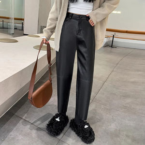 Otoño Invierno PU cuero Casual mujer tobillo longitud pantalones 2025 Nueva cintura elástica media ecológica impermeable negro recto - Product Image 5