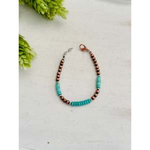 Navajo Beaded <b>Bracelet</b> with Kingman Turquoise & <b>Copper</b> Pearls Trendy Religious Ball Pattern for Parties or Gifts - Product Image 1