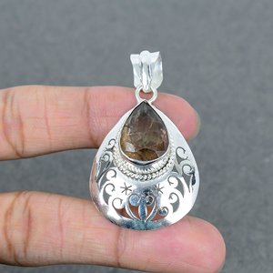Piedra preciosa en forma de pera de cuarzo ahumado Natural 925 colgante de Latón chapado en plata colgante de moda para mujeres y hombres - Product Image 2