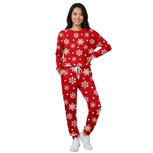 Survêtement imprimé rouge pour femmes, manches longues, col rond, pantalon à cordon de serrage, vêtements d'hiver décontractés avec poches latérales - Product Image 6