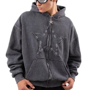 Étoile en détresse Design à la mode Sweats à capuche zippés gris surdimensionnés Street wear Style unique Logo personnalisé Taille Hommes à capuche avec fermeture éclair - Product Image 2