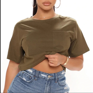 Camiseta corta holgada de cuello redondo Sexy para mujer, camisetas de manga corta de algodón orgánico 100% con bolsillo a la moda para el verano - Product Image 5