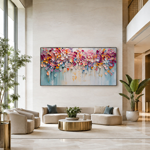 Grande peinture murale, pétales de fleurs colorés peints à la main, toile à texture épaisse, décoration intérieure contemporaine pour salon et villa - Product Image 1