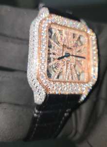 Reloj de Lujo de Dos Tonos, Completamente Decorado con Piedras, Estilo Hip Hop, Hecho a Mano, de Acero Inoxidable, Resistente al Agua, con Correa de Cuero Analógica - Product Image 2