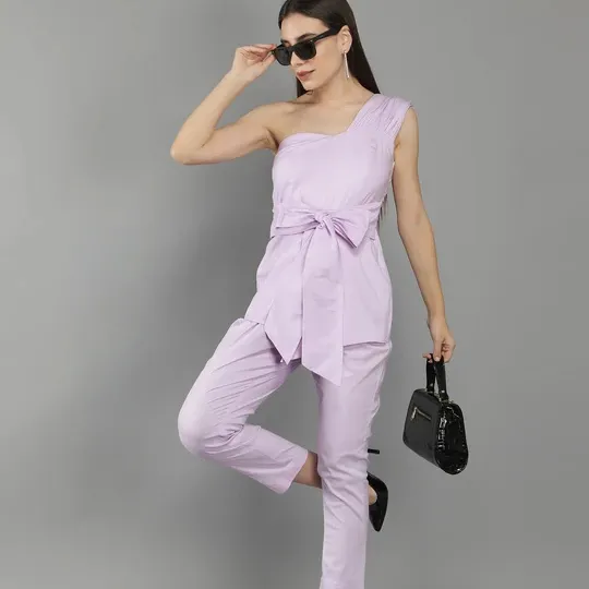 Pastel Lilac Onne Shoulder Waist Tie Up Jumpsuit Women Casual Maxi Jumpsuit Sleeveless Hot Summer Sexy Young Girl Casual Dress