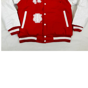 Veste universitaire pour homme, patchwork, corps en soie rouge, manches en cuir blanc, broderie grecque HBCU, col montant - Product Image 4