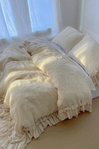 Juego de funda nórdica de lino de Francia al por mayor estilo rústico ropa de cama con doble volante fundas de almohada de tamaño King para el hogar 200TC boda Hospital - Product Image 6