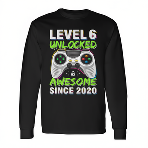 T-shirt à manches longues pour garçons, thème jeu, 6e anniversaire, niveau 6 débloqué, génial depuis 2020, catégorie de produits : T-shirts promotionnels - Product Image 2