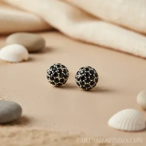 Boucles d'oreilles clous en argent 925 plaqué argent avec saphir noir, forme boule, sertissage pavé, design tendance, pour femme, fiançailles - Product Image 3