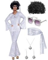 Tenue de disco des années 70 pour femme adulte, kit de costume de fête, haut, pantalon, lunettes de soleil, collier, boucles d'oreilles, perruque, Halloween, Nouvel An