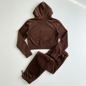 Custom Wholesale High Quality Chocolate <b>Brown</b> Velvet <b>Tracksuit</b> Y2K Streetwear <b>Women</b> Cropped Hoodie Skinny Jogger Knee Two Piece - Product Image 2