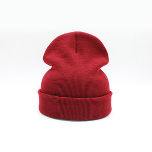 Custom Red Acrylic Knit Jacquard Beanie <b>Hat</b> with Folded Cuff and Light Blue Patch for <b>Men</b> Women <b>Winter</b> Wear and Private Label - Product Image 2