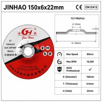 Disque de meulage vert JinHao 150x6x22mm T27 à centre encastré |   Meuleuse d'angle de 6 pouces EN12413 CE |   80m/s INOX Heavy Duty Stock