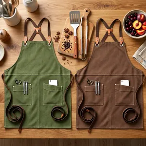 Tablier classique en toile sans manches avec plusieurs poches, réutilisable et résistant à l'eau, pour la cuisine et l'usage quotidien, couleurs vert et marron - Product Image 1