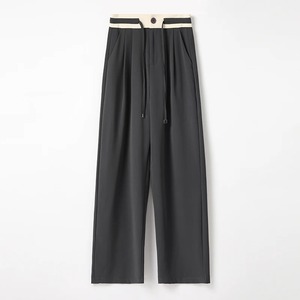 Vintage Colorblock suelta mujer pierna ancha pantalón completo 2025 Nueva cintura alta Primavera Verano con cordones Casual minimalismo Pantalones rectos - Product Image 1