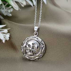 2026 New Fashion Gothic Skull Pendant Necklace Brass Jewelry Men Oxidized Silver Finish Biker Round Coin <b>Charm</b> Wholesale - Product Image 5