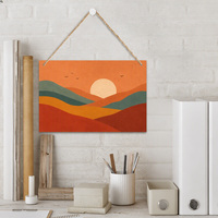 Décoration Murale en Bois Paysage Coucher de Soleil Mid-Century 30x20cm, Panneau MDF avec Corde de Jute, Collines en Relief, Style Rétro Géométrique pour la Maison
