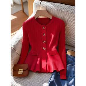 Women's Casual Winter Knitted Long Sleeve <b>Cardigan</b> with Ruffle Trim and Button Detail - Product Image 2
