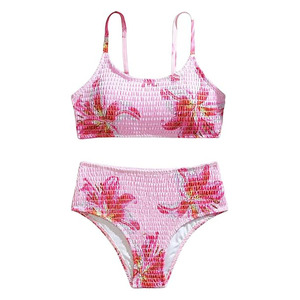 Ensemble de bikini 2 pièces pour femmes, imprimé floral, taille haute froncée, extensible, en spandex et polyester, maillot de bain imprimé numérique, vêtements de plage - Product Image 3