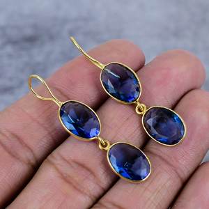 ต่างหูเงินแท้ 925 ชุบทอง ประดับแทนซาไนต์ควอตซ์ทรงรี ดีไซน์เก๋ไก๋แบบลวด สำหรับงานปาร์ตี้ งานครบรอบ ต่างหูผู้หญิง - Product Image 2