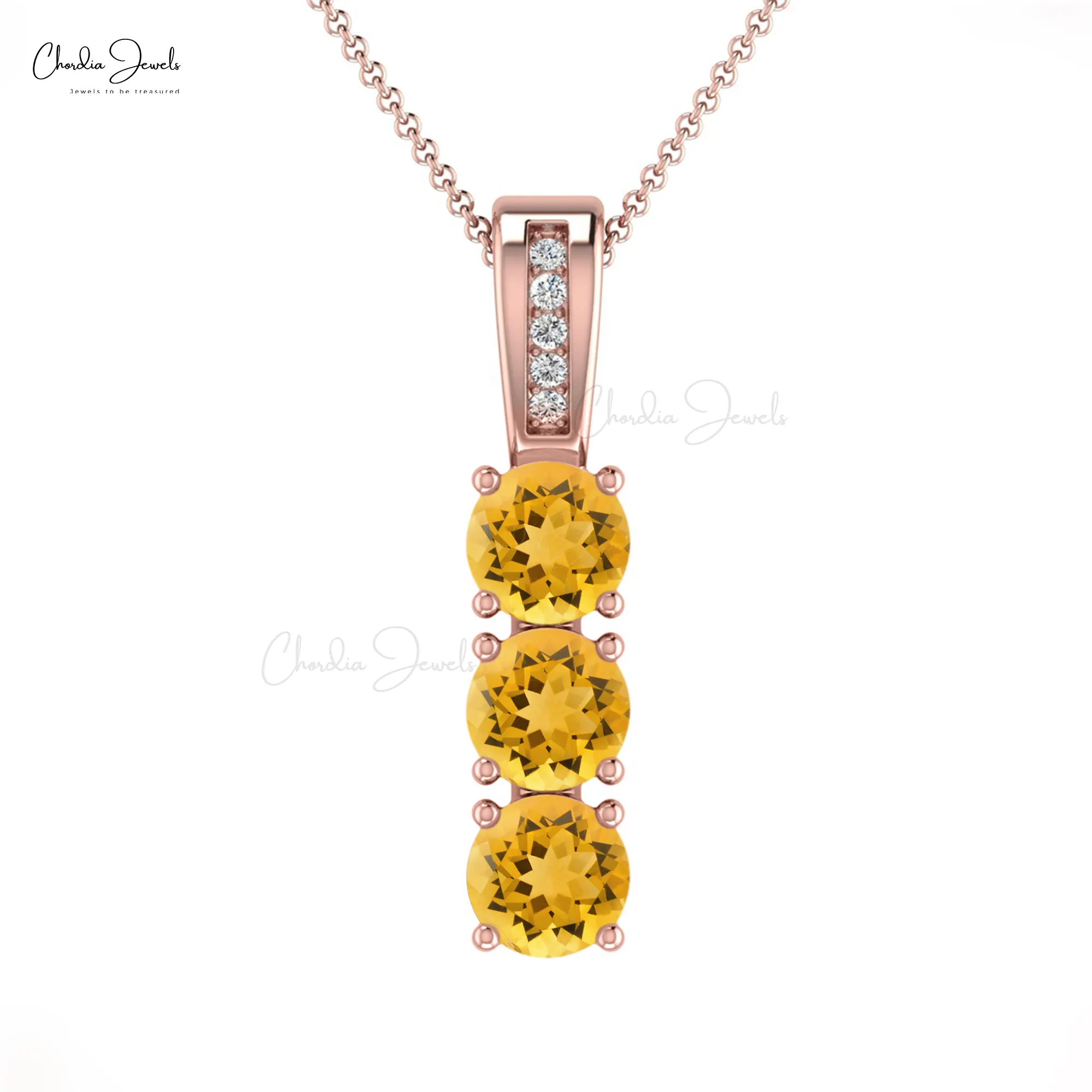 Delicado collar con colgante de diamante auténtico citrino amarillo colgante de tres piedras para regalo de cumpleaños 14K joyería de oro Real al por mayor