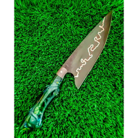 Couteau de chef artisanal en cuivre de Damas avec manche en bois et étui en cuir, lame de 196 mm, compact et durable pour le camping en plein air