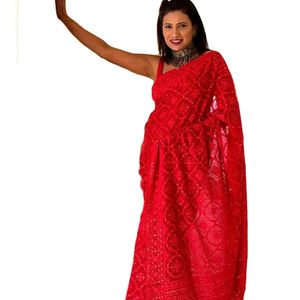 Novia Cena Especial fiesta y lugar de salida desgaste peso ligero Color rojo Faux Georgette Chikkenkari trabajo a mano Sari blusa pieza - Product Image 1