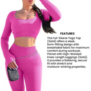 Haut de yoga solide à manches longues avec leggings taille haute au genou Ensemble idéal pour des séances de yoga élégantes et confortables - Product Image 5