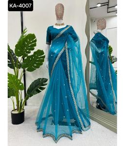 Sari en filet souple avec séquence de codage pour le travail Sari de fantaisie avec dentelle fantaisie avec Codding et Sequnce Work Blouse - Product Image 1