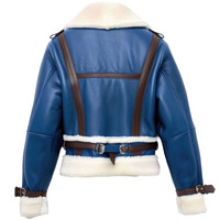 Blouson d'hiver pour homme en peau de mouton véritable bleu et blanc, style motard, avec col en fausse fourrure satinée Sherpa, personnalisable