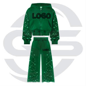 WT Streetwear Custom Distressed Embroidery Sweatpants and Hoodie Sets Sun Faded Acid Wash Rhinestone <b>Tracksuit</b> for Men - Product Image 2