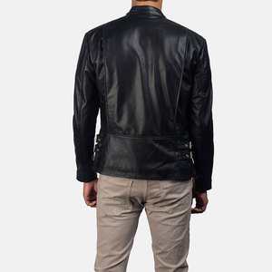 <b>Men's</b> Black PU Leather Moto <b>Jacket</b> Stand Collar Zip Front Slim Fit Regular Sleeve <b>White</b> Stripe Detail Autumn Wear - Product Image 5