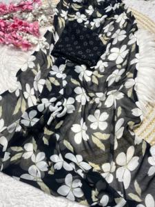 Belle Georgette Douce Imprimée Florale Jaune Noir Sari Avec Chemisier Fantaisie Ethnique Pour Casual Regular Office Waer Pour Femmes Fille - Product Image 5