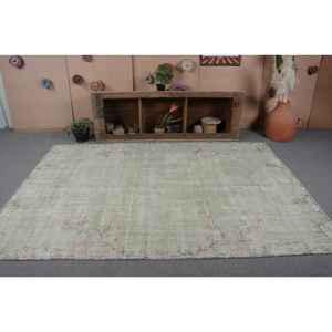 Tapis en laine turque vintage de 6x8 pieds, patchwork vert et beige, technique de tissage à plat pour décoration de salon, largeur de 4m - Product Image 4
