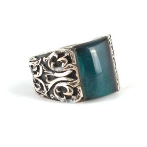 925 Sterling Silver Men's Handcrafted <b>Ring</b> with Green Pressed Amber Stone and Pen Design Turquoise Bezel Setting Everyday Wear - Product Image 3